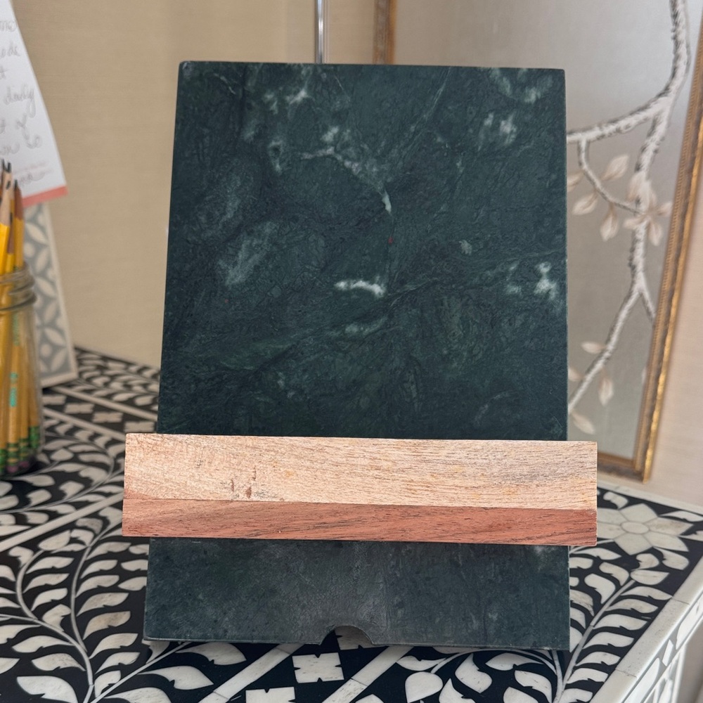 Green Marble Tablet / Media / Recipe Stand with Handmade Wooden Base